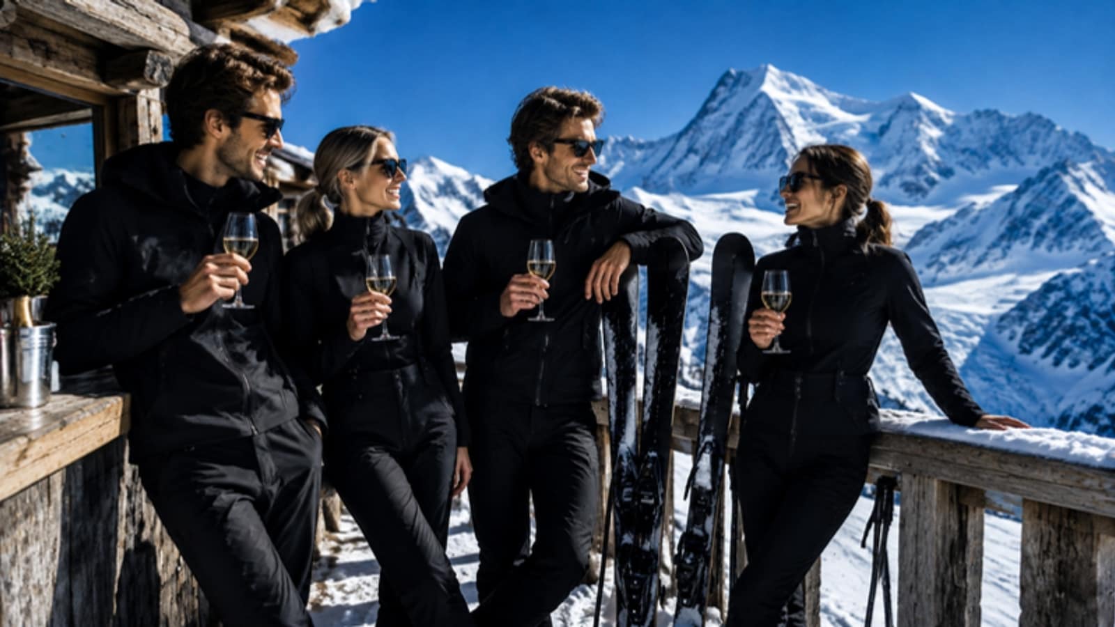 Friends in black ski wear with champagne on a hut terrace