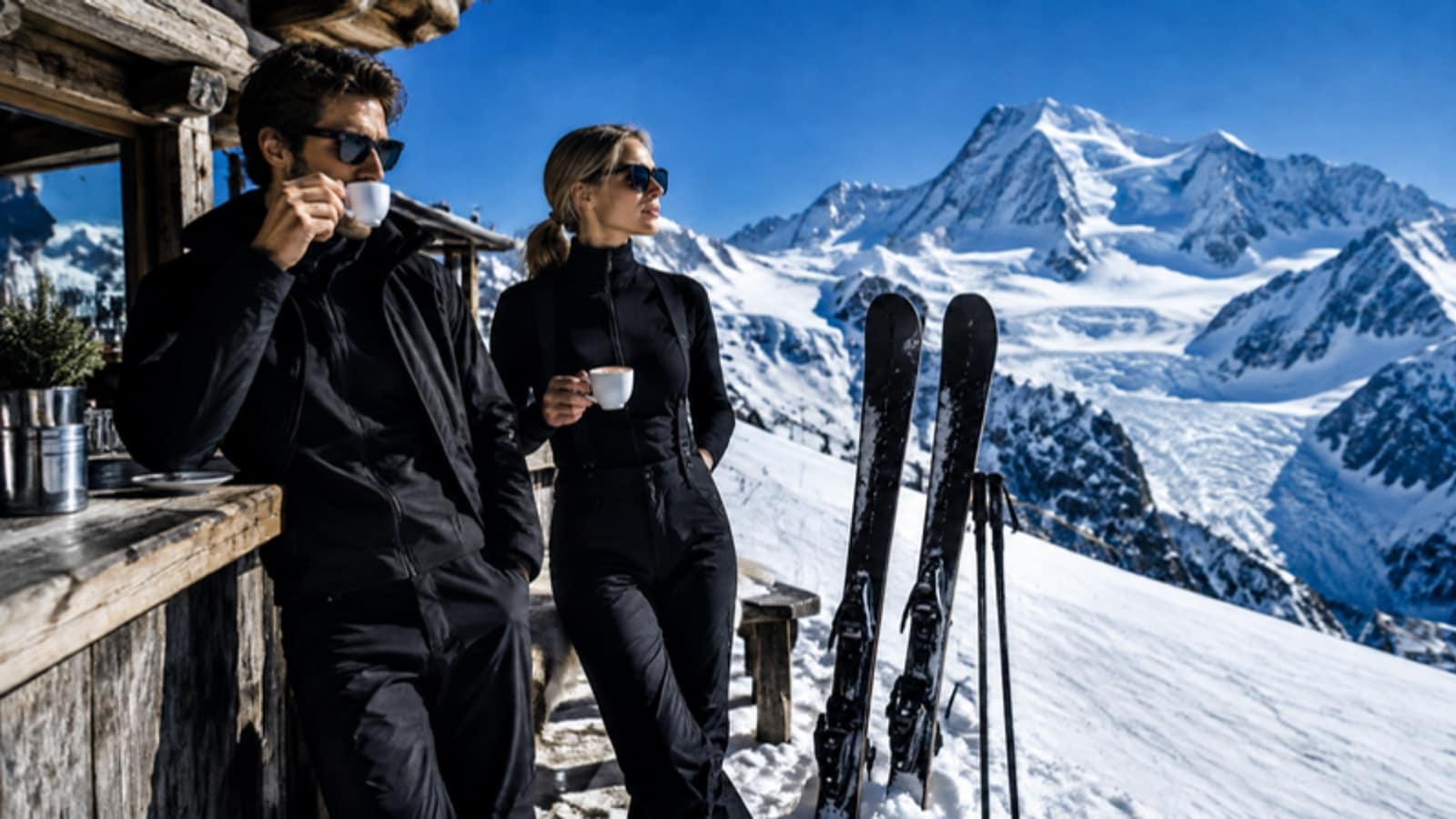 Two skiers in black with coffee at a hut by the piste
